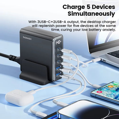 140W Gan USB Charger 5In1 Desktop Fast Charge USB Type C Charger LED Display Charger for Iphone Xiaomi Smartphone Laptop