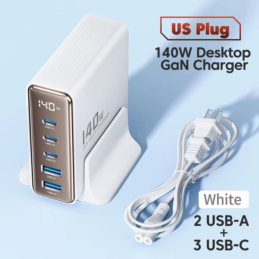 140W Gan USB Charger 5In1 Desktop Fast Charge USB Type C Charger LED Display Charger for Iphone Xiaomi Smartphone Laptop