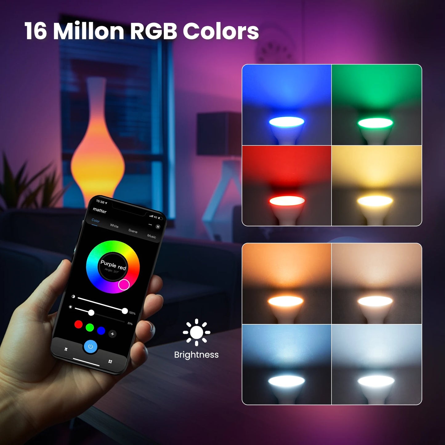 Matter Wifi GU10 E27 Smart Bulb Dimmable Led Light 16 Million RGB C+W Colors Candle Lamp Voice Control Alexa Google Home