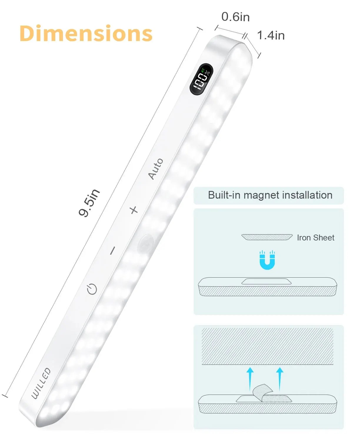 Motion Sensor Cabinet Light Battery Display 60 LED Touch Light Bar Wireless Rechargeable Battery Night Light