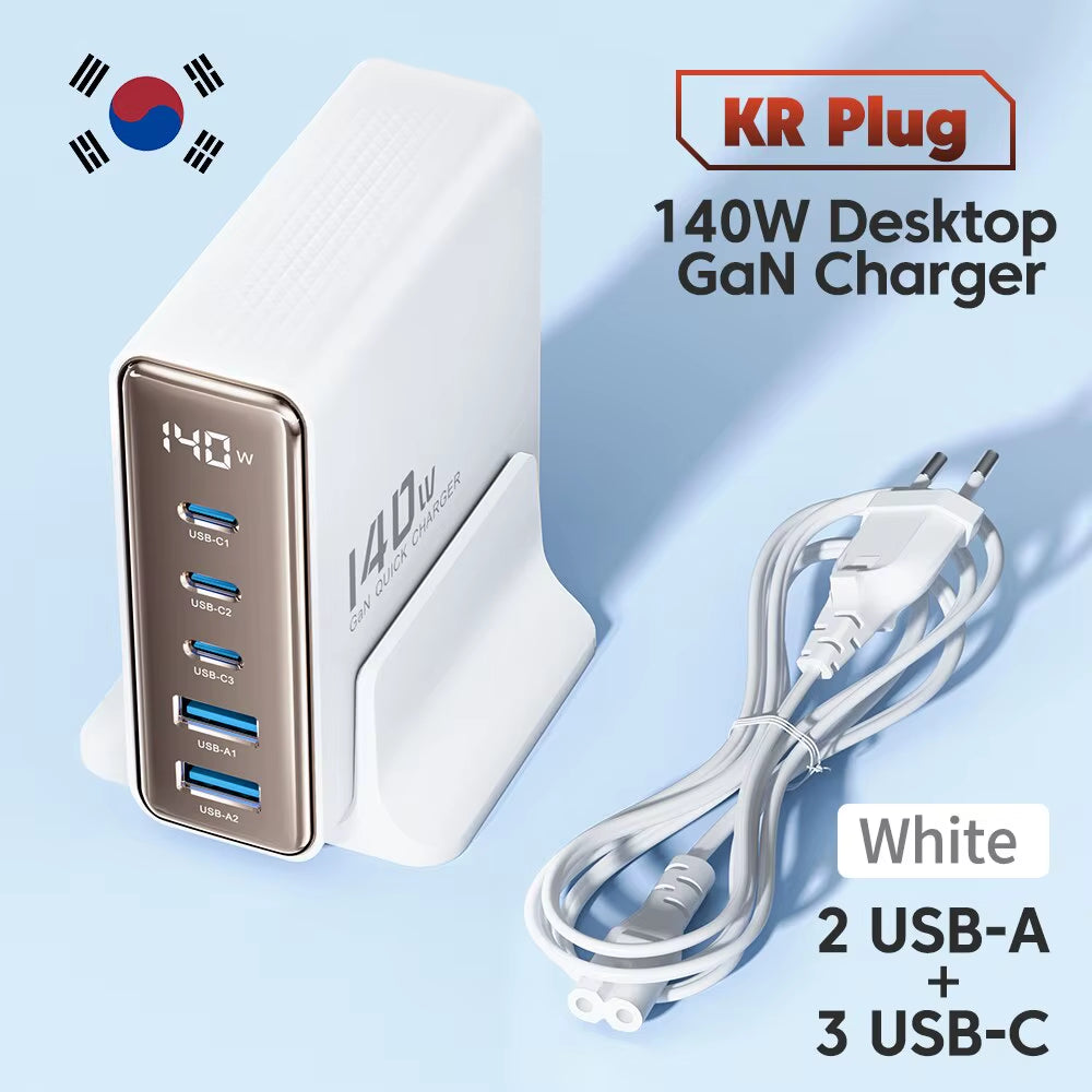 140W Gan USB Charger 5In1 Desktop Fast Charge USB Type C Charger LED Display Charger for Iphone Xiaomi Smartphone Laptop